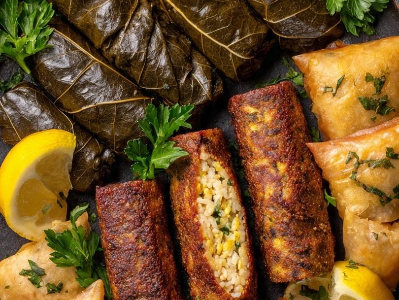 Mixed Mahshi Plate With Mombar, Vine Leaves, and Sambousek