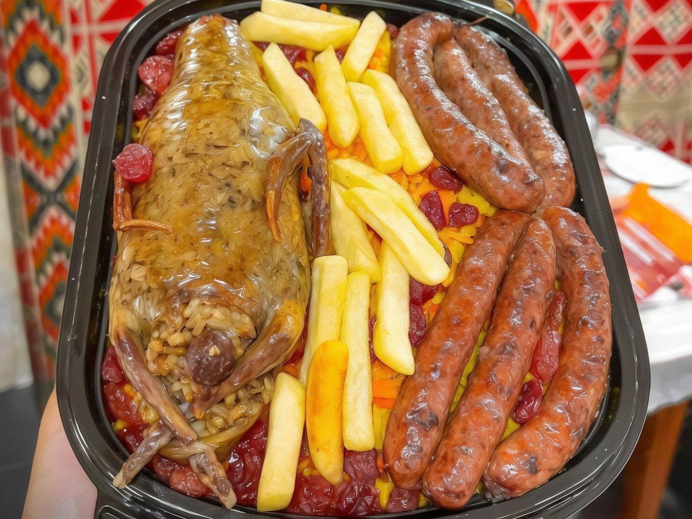 1 stuffed pigeon portion quarter sausage potatoes and rice