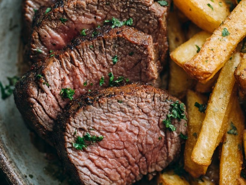Roasted meat, fried potatoes and rice