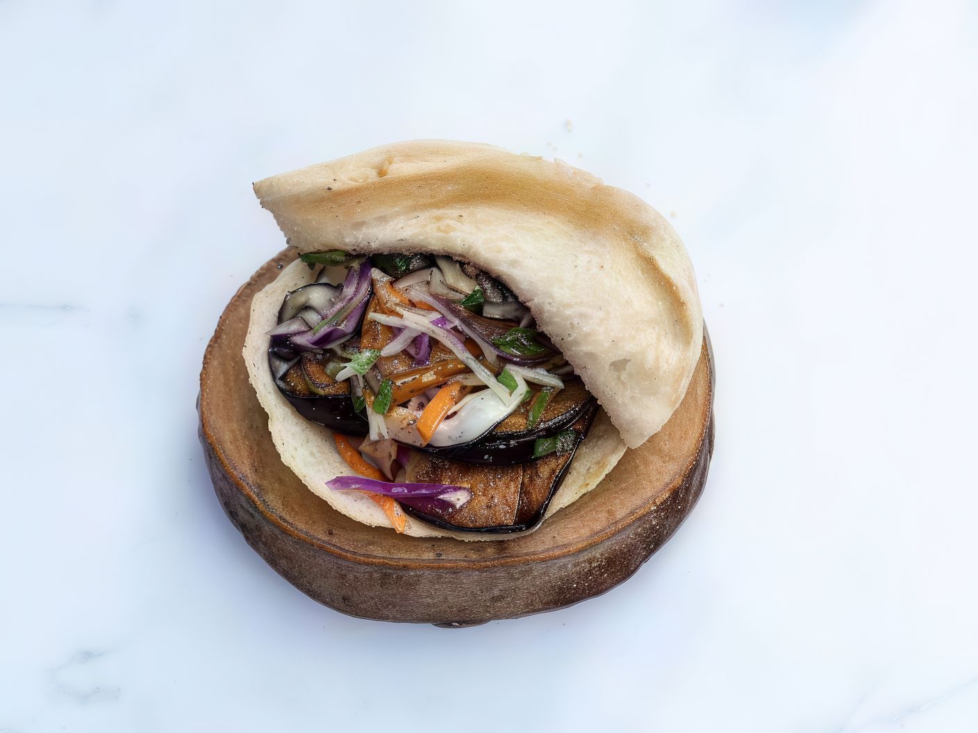 Fried eggplant and pepper sandwich