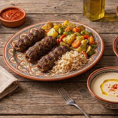 Eight kofta + rice + vegetables