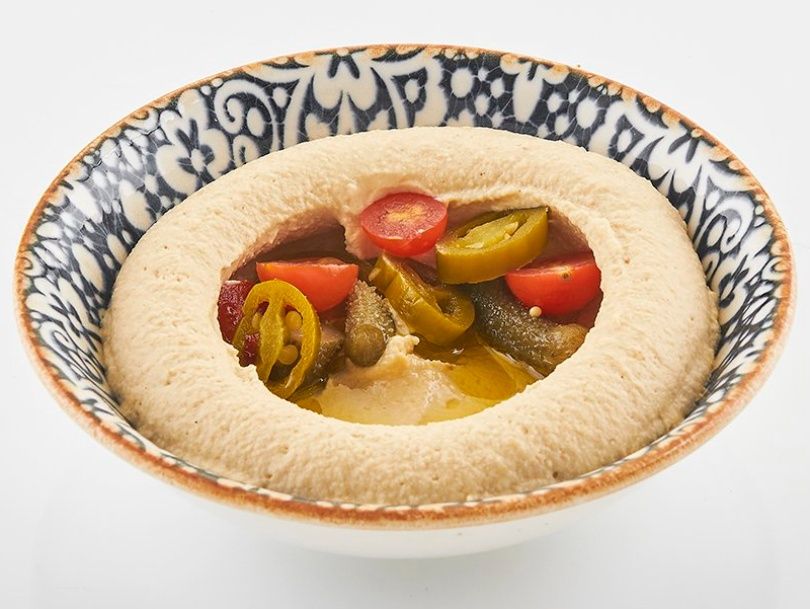 Hummus with tahini and pickles