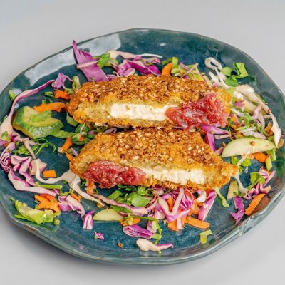 Large falafel patty with kiri cheese and pastrami