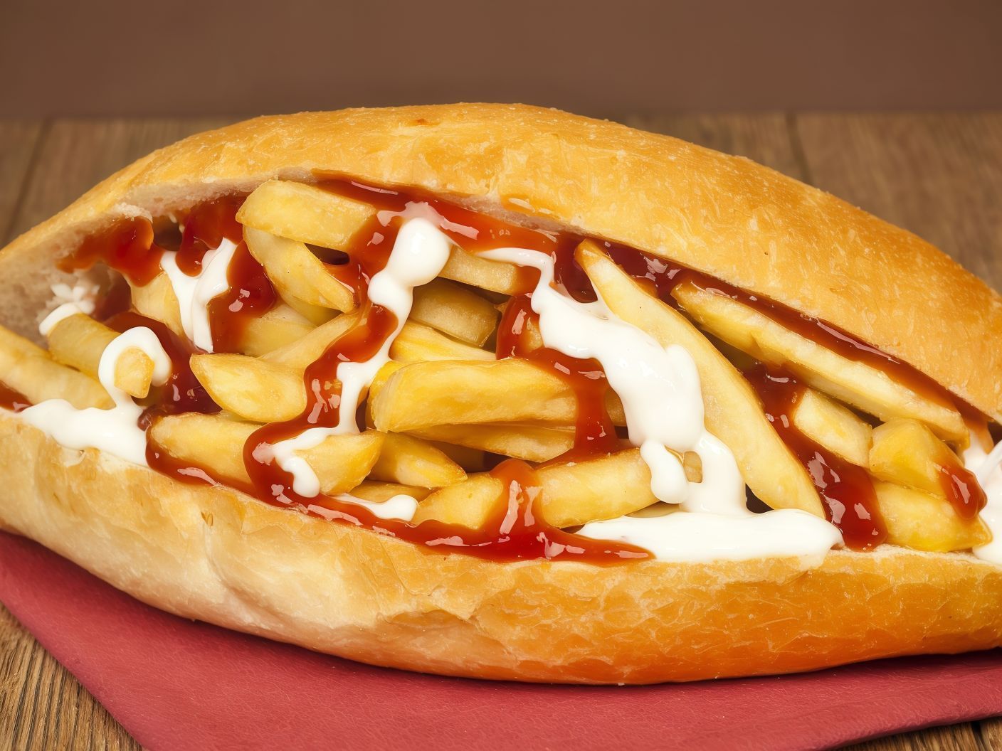 French Fries With Ketchup And Mayonnaise Sandwich