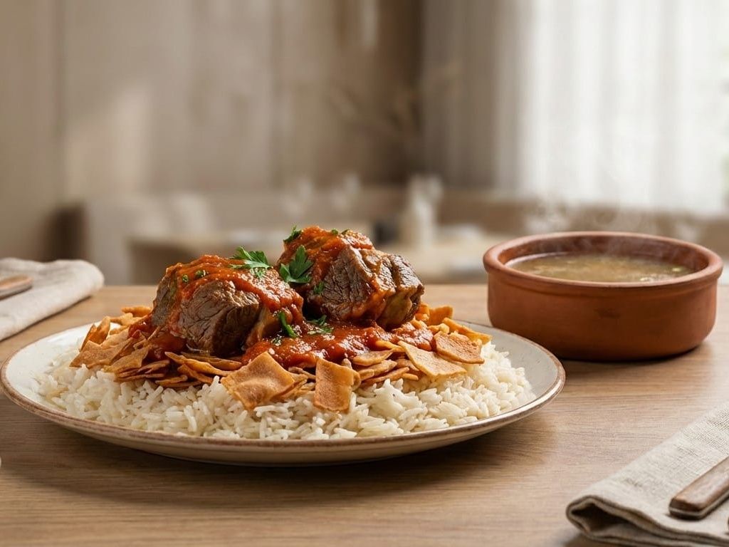 A Meal Of Two Pieces Of Meat And A Plate Of Fattah And Soup