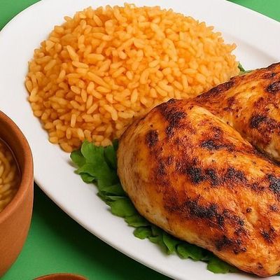 Half chicken, rice, and orzo