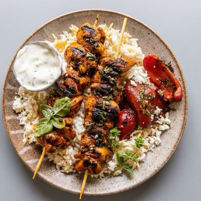 Shish chicken text with rice