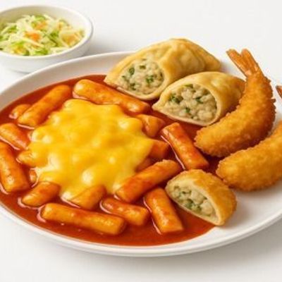 Cheesy Tteokbokki With Fried Shrimp & 2 Pieces Of Dumplings