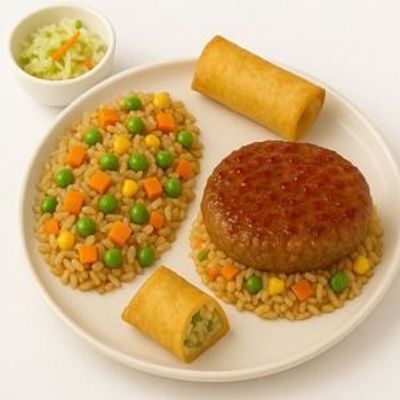 Sweet Chili Steak Burger Fried Rice With Vegetables And Spring Rolls