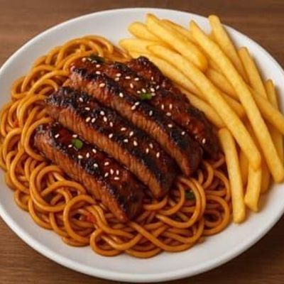 Kanji Beef Spicy Grilled Beef Strips Over Stir-Fried Noodles Served With Crispy Fries