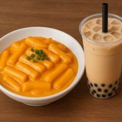 Boba Tea Drink Large Size And Tteokbokki Cheddar Cheese Sauce
