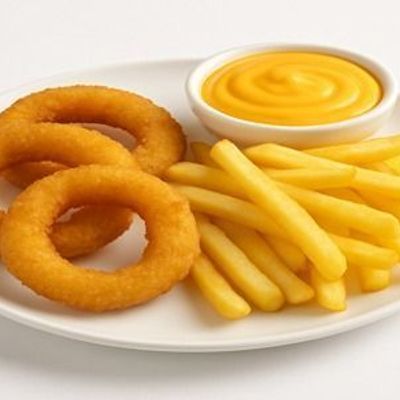 4 Fried Onion Rings & Fries And Cheddar Cheese Sauce