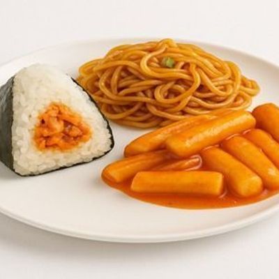 One Korean Onigiri & Medium Fried Noodles And Medium Tteokbokki