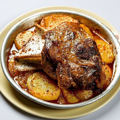Lamb shank dish with potatoes.