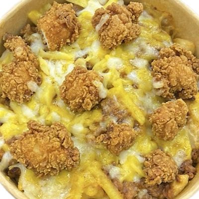 Box of fries with cheese and crispy