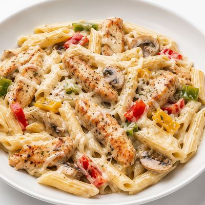 Pasta with Chicken Slices and White Sauce