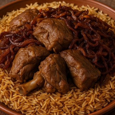 كبسة لحم مع بصل مكرمل