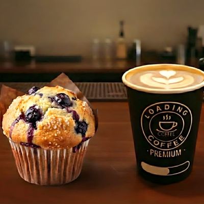 Coffee beverage with blueberry muffin