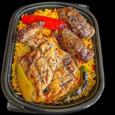 Quarter chicken with quarter kofta, tarab, rice, and salad