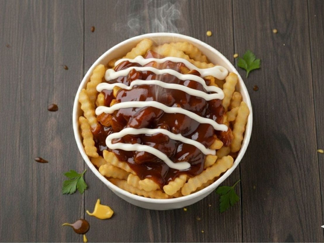 French fries with barbecue and mayonnaise