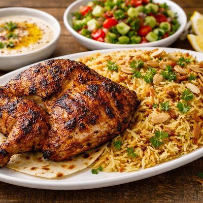 Half grilled chicken on charcoal