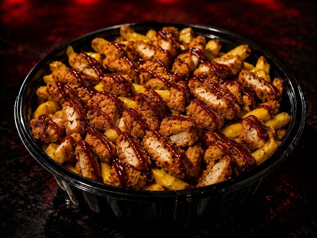 Loaded French Fries with Chicken Strips Slices