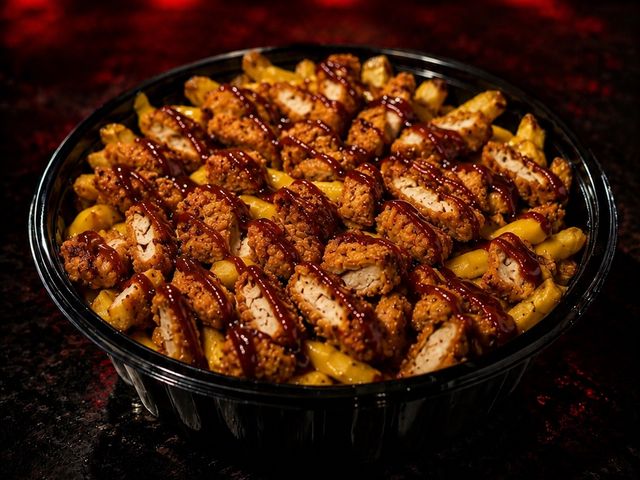 Loaded French Fries with Chicken Strips Slices