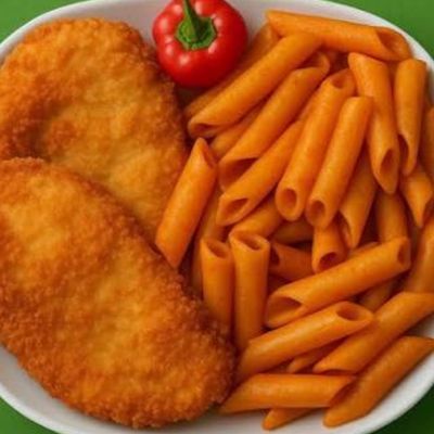 Chicken Pane with Red Pasta and Fries