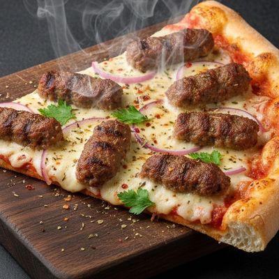 Large pizza slice with kofta pieces