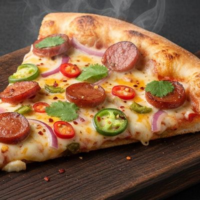 Large slice of pizza with smoked sausage