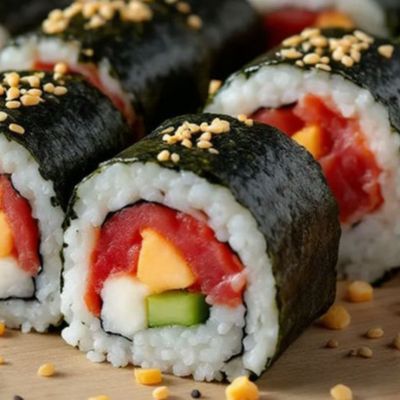 Kimura roll with salmon, cucumber, cheese, and crab
