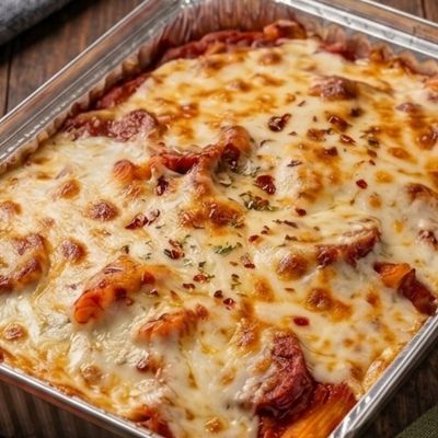 Oven-baked pasta with tomato sauce, sausage, and mozzarella cheese