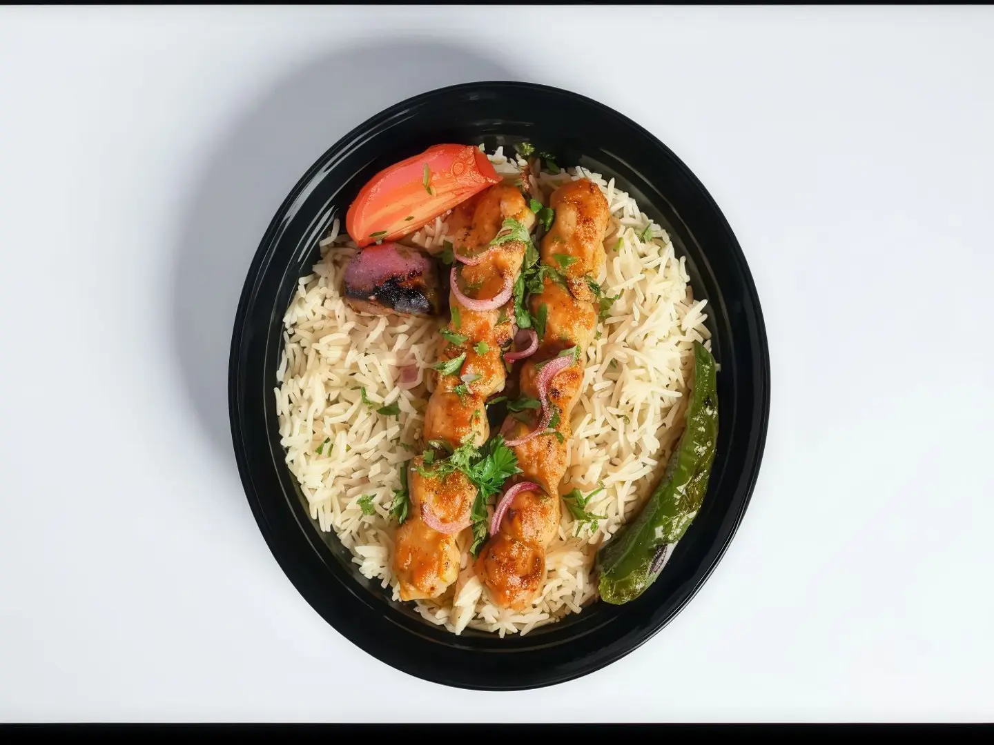 سيخين كباب دجاج مع رز بشاور مع صوص الطحينة والدقوس الحار