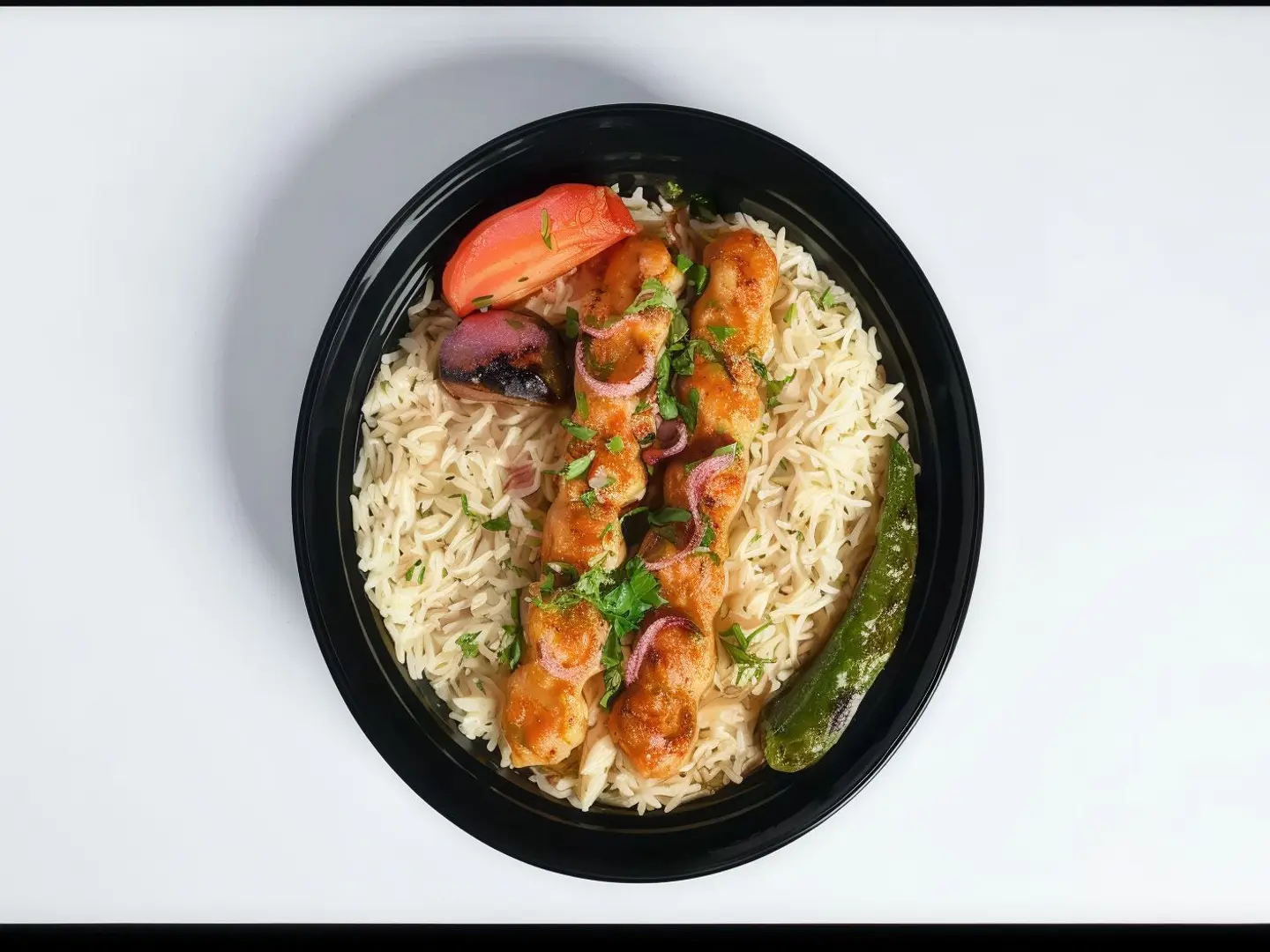 شيش طاووق عضم مع ارز بشاور مع صوص الطحينة والدقوس الحار