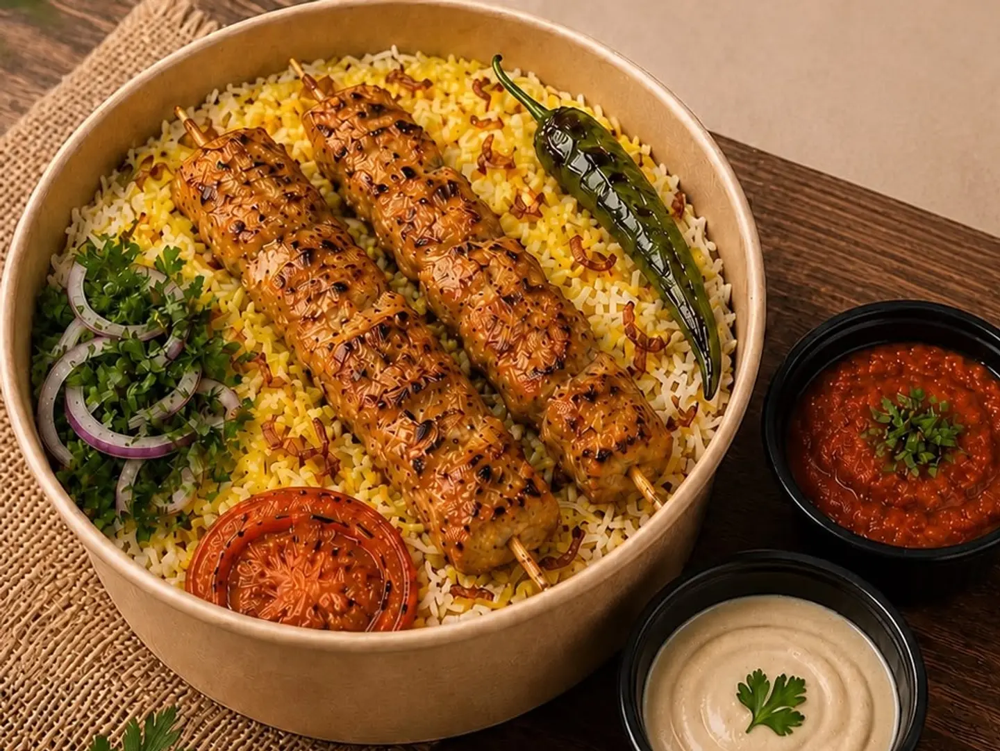 سيخين كباب دجاج مع رز بشاور مع صوص الطحينة والدقوس الحار