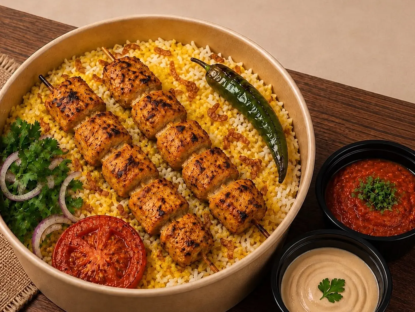 سيخين شيش طاووق مع ارز بشاور مع صوص الطحينة والدقوس الحار