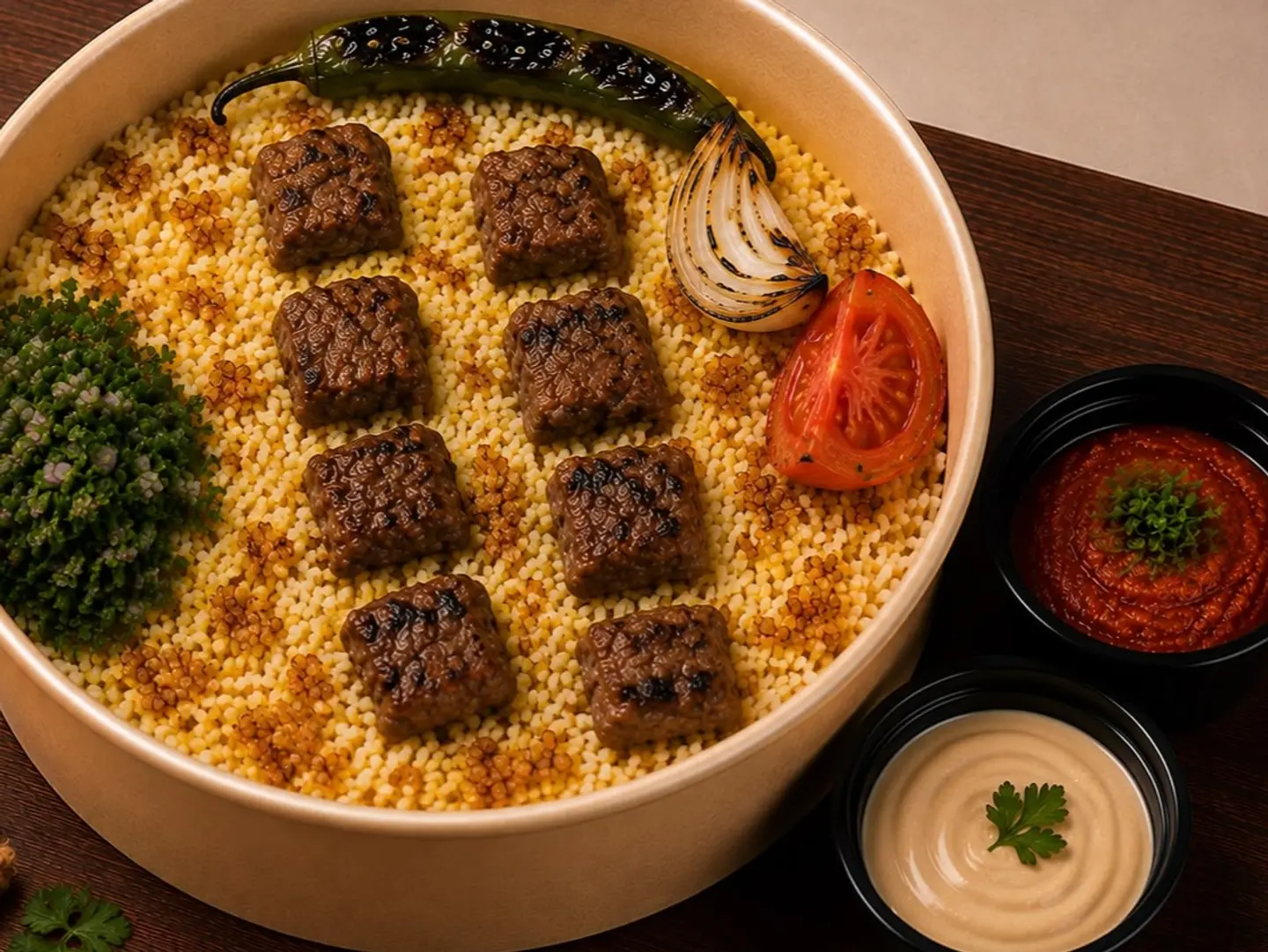 سيخين اوصال لحم مع ارز بشاور مع صوص الطحينة والدقوس الحار