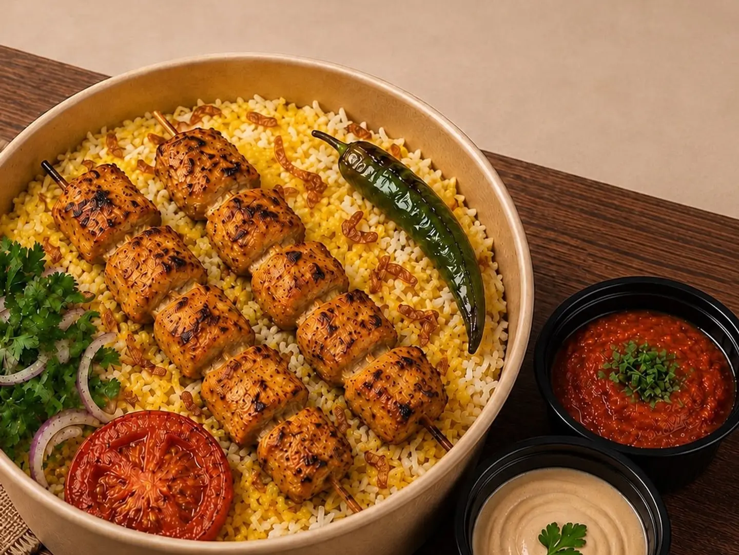 شيش طاووق عضم مع ارز بشاور مع صوص الطحينة والدقوس الحار