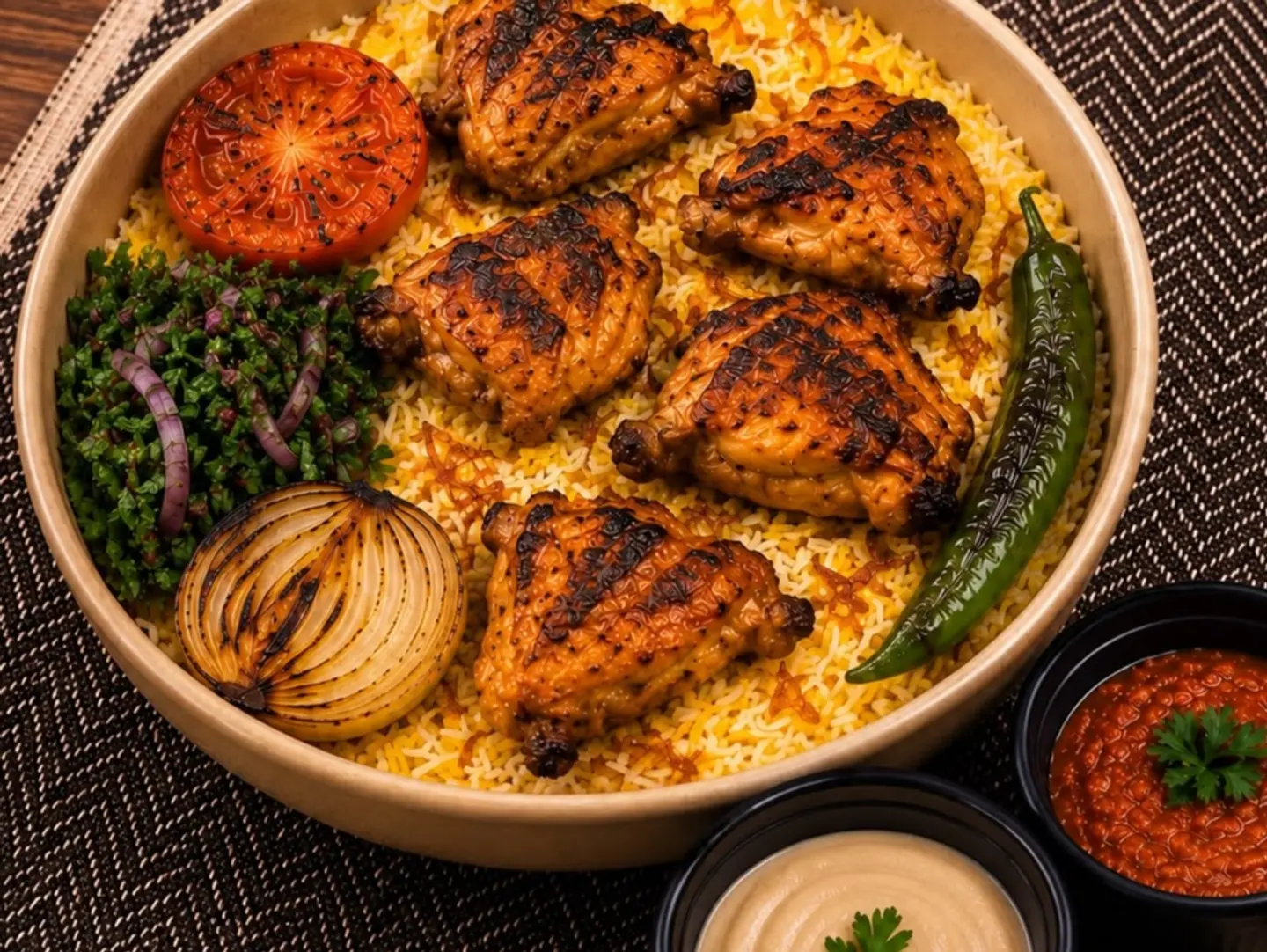 شيش طاووق عضم مع ارز بشاور مع صوص الطحينة والدقوس الحار