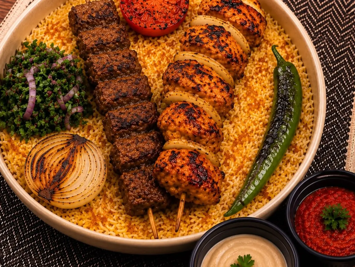 مشكل اوصال لحم مع شيش طاووق مع ارز بشاور مع صوص الطحينة والدقوس الحار