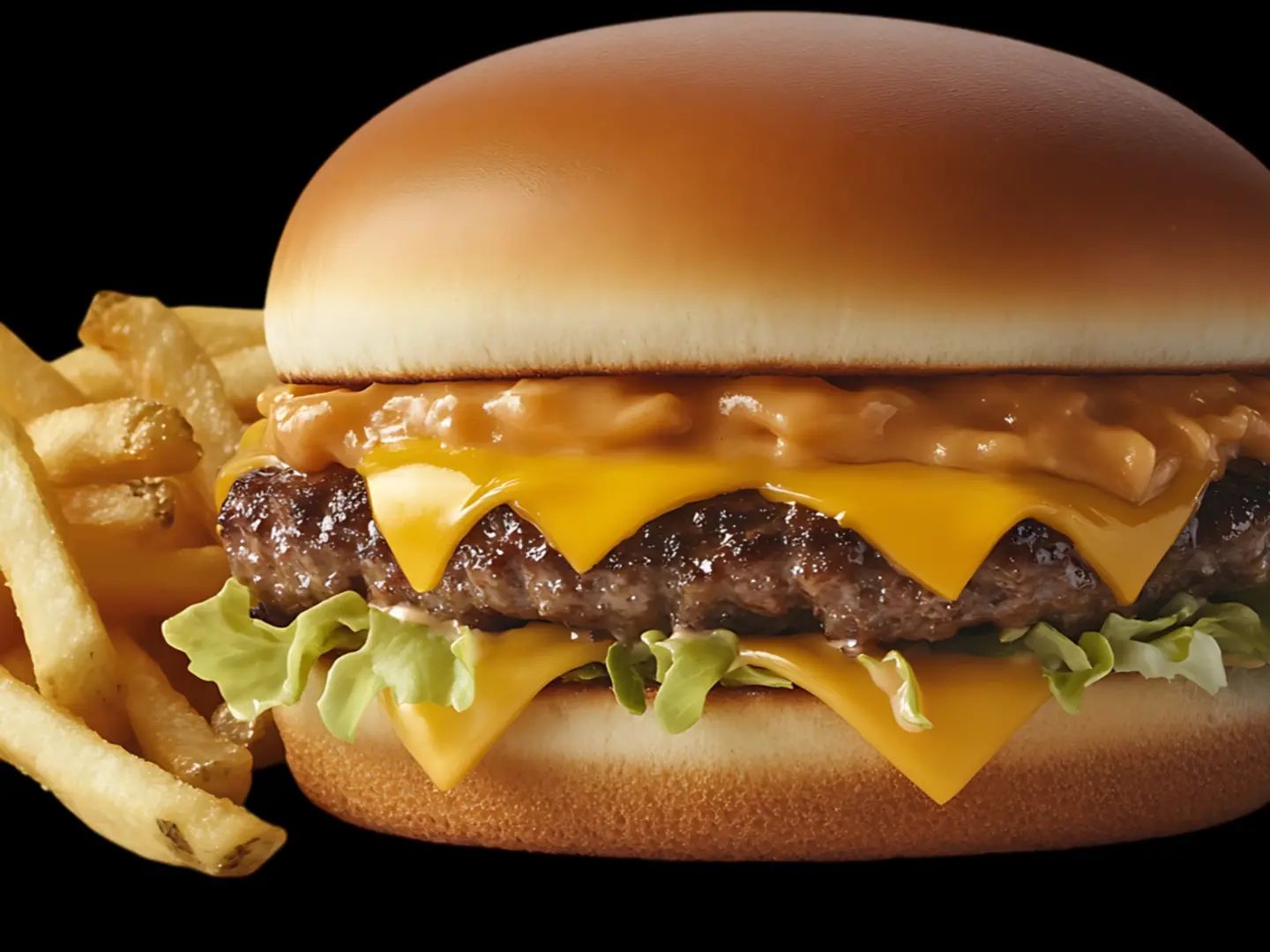Beef Cheese Burger With Fries And Kinza