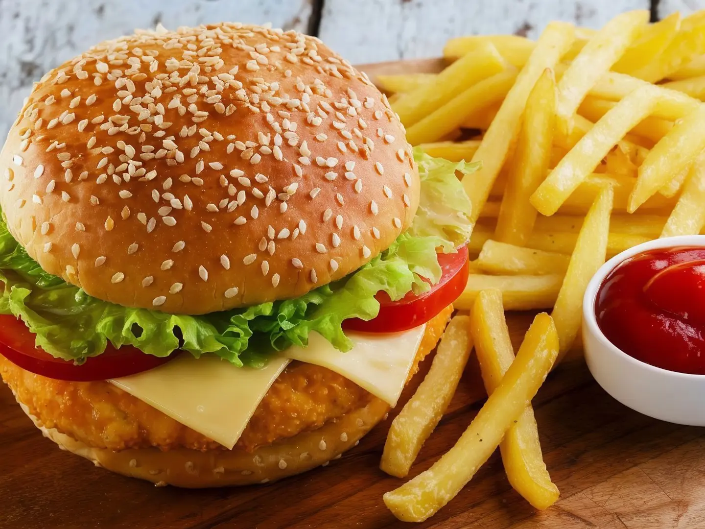 Chicken Cheese Burger With French Fries And Juice