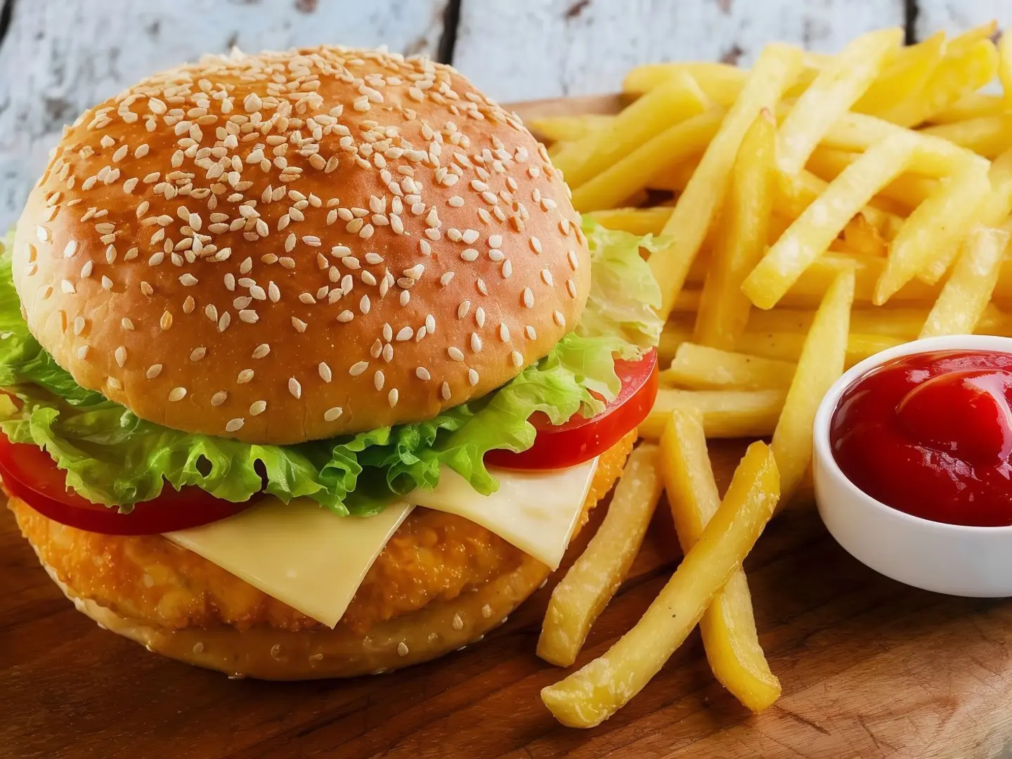 Crunchy Chicken Burger With Cheese, Fries And Kinza