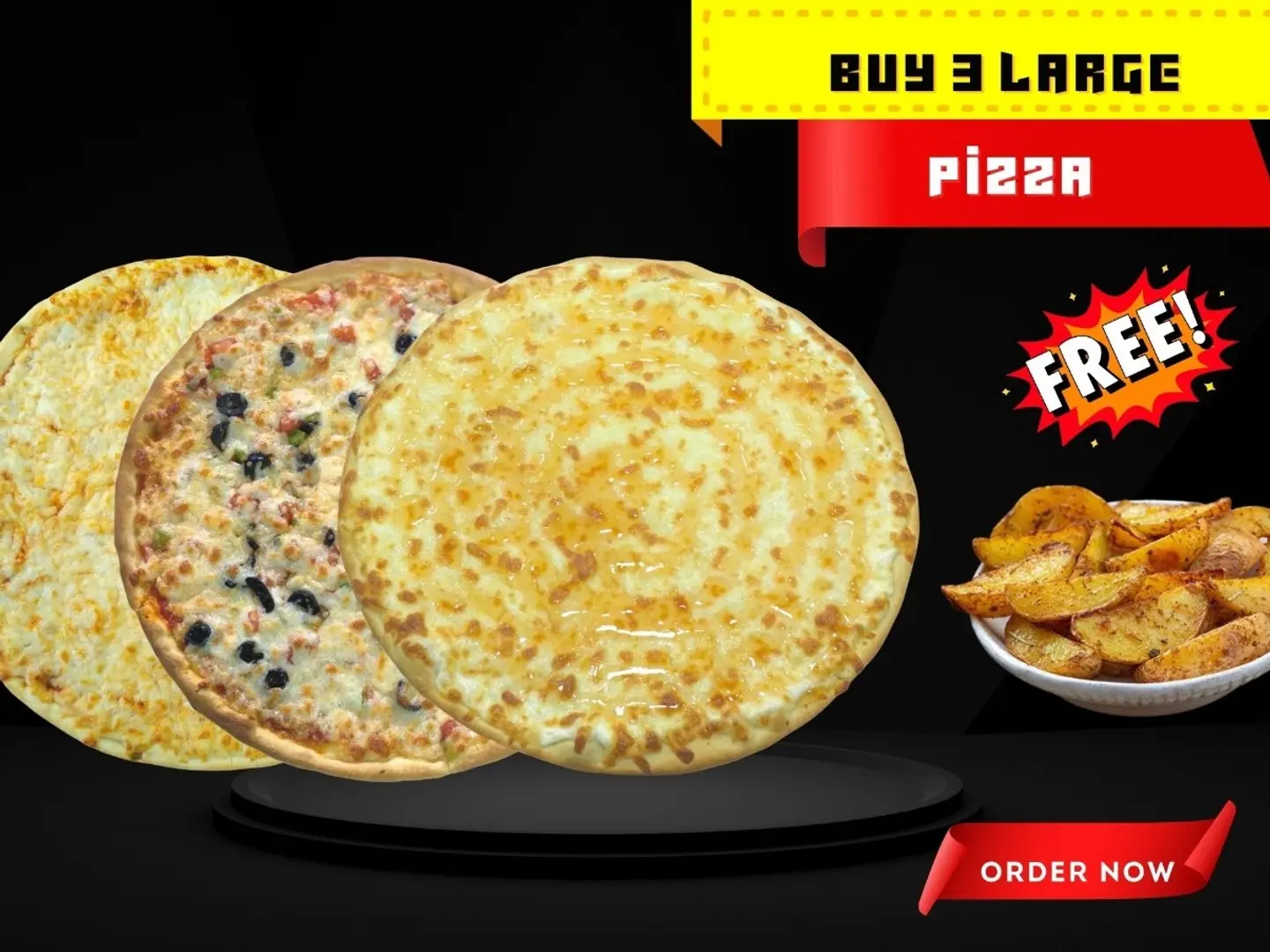 Three Large Pizzas With Potato Wedges Three Large Pizzas With Potato Wedges Free