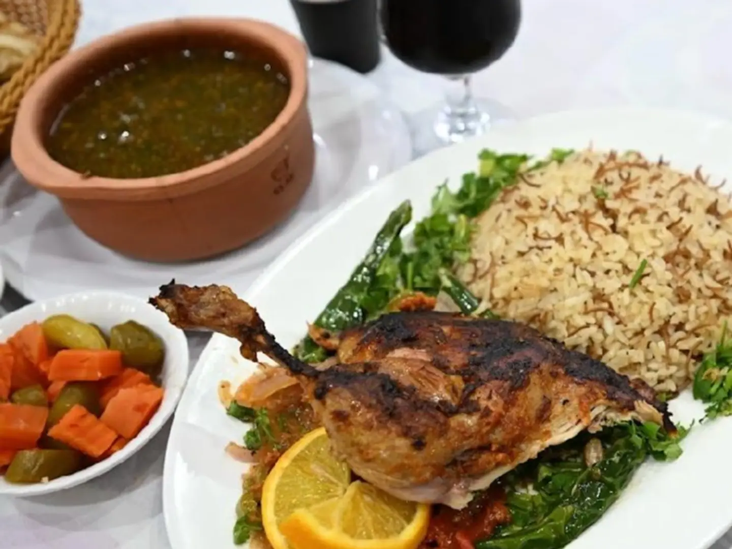 Quarter Roasted Duck Meal With Molokhia, Vermicelli Rice, And Orzo Soup