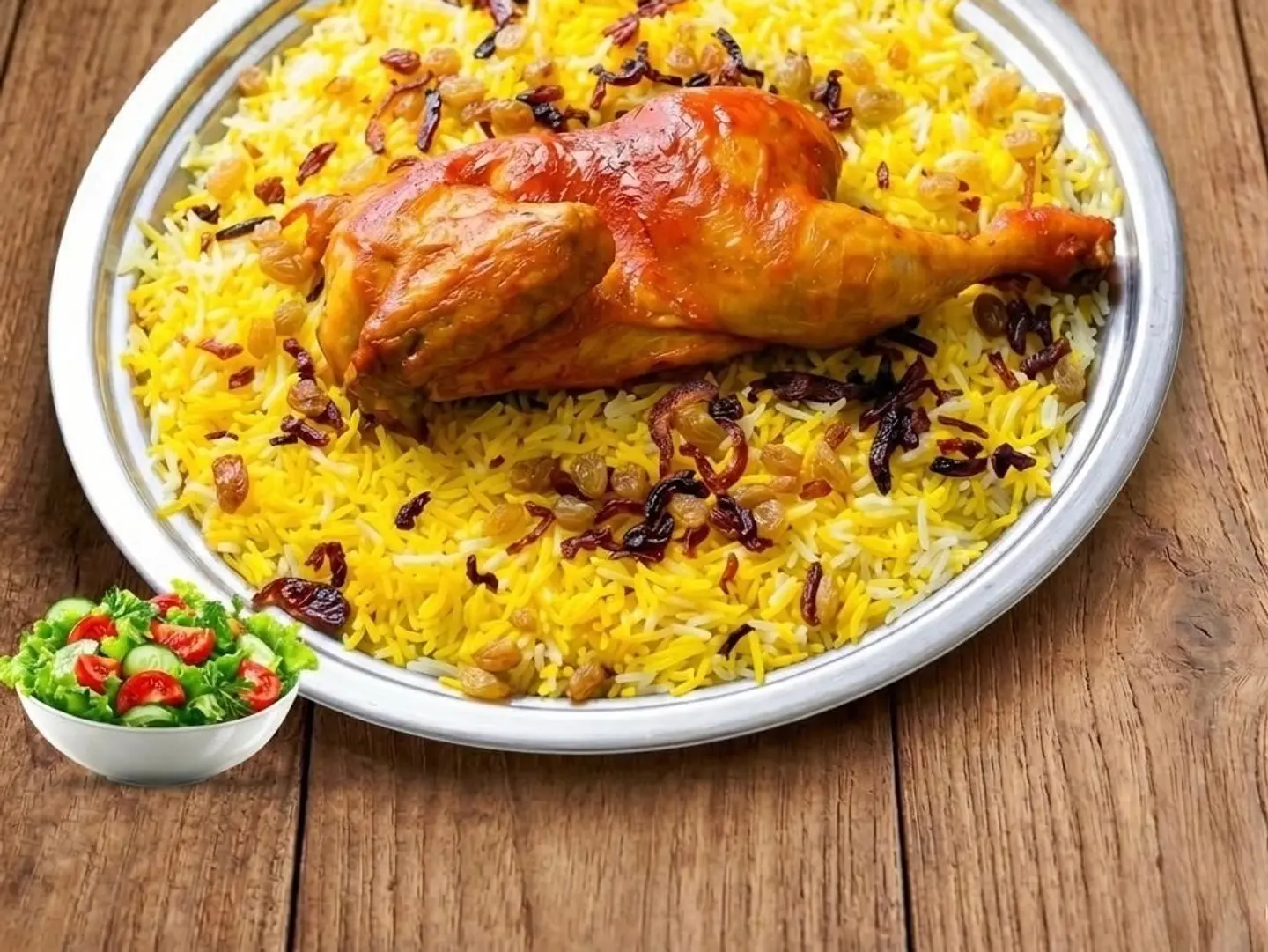 نصف حبة دجاج مندي مع سلطة خضراء