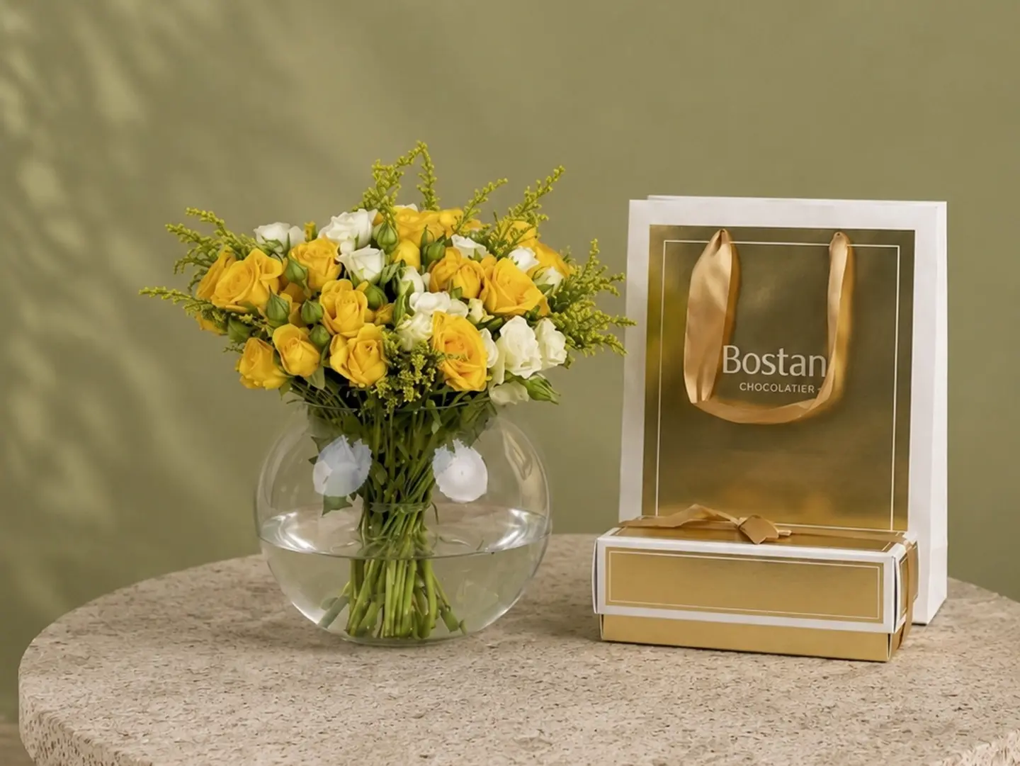 Baby Rose Yellow And White Vase With Boustani Chocolate
