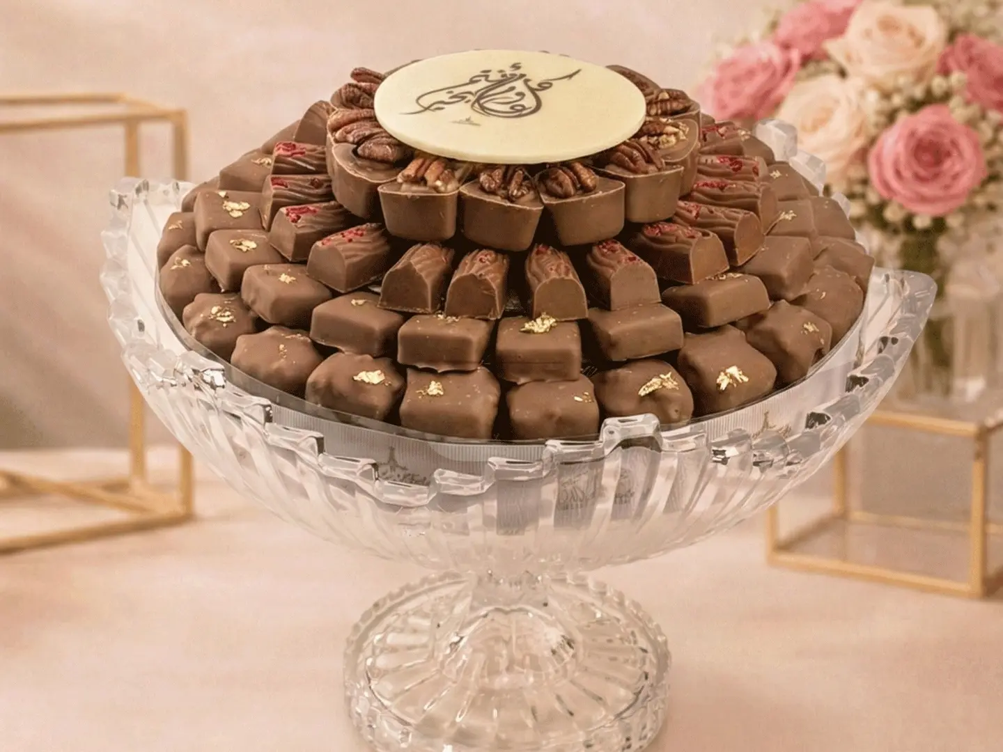 صينية شوكلت كريستال بقاعدة مع لوح عبارات العيد كود 240