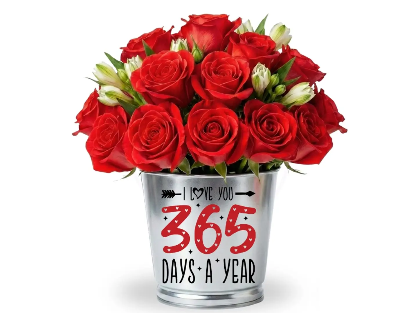 Steel Vase With Red Baby Gori Flowers, I Love You 365 Boom
