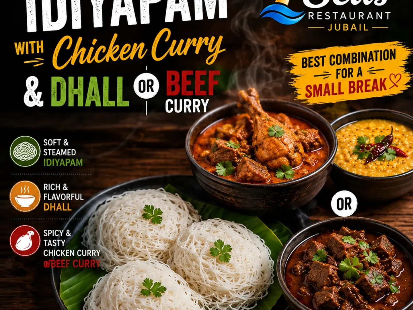 Idiyapam With Dhall & Beef Curry